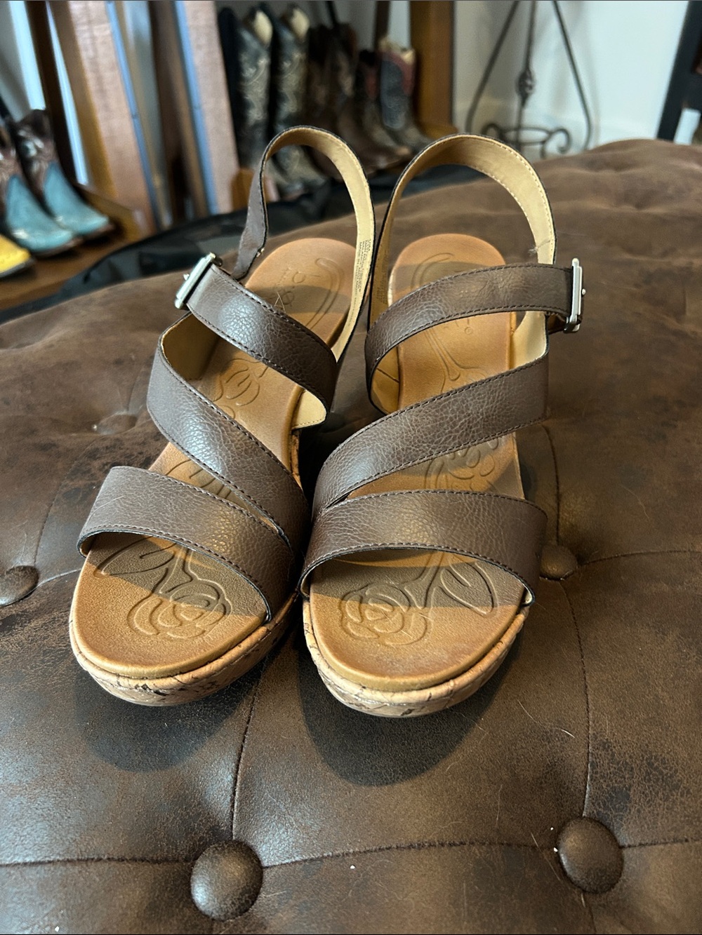 boc Brown Leather Strappy Wedge Sandals
